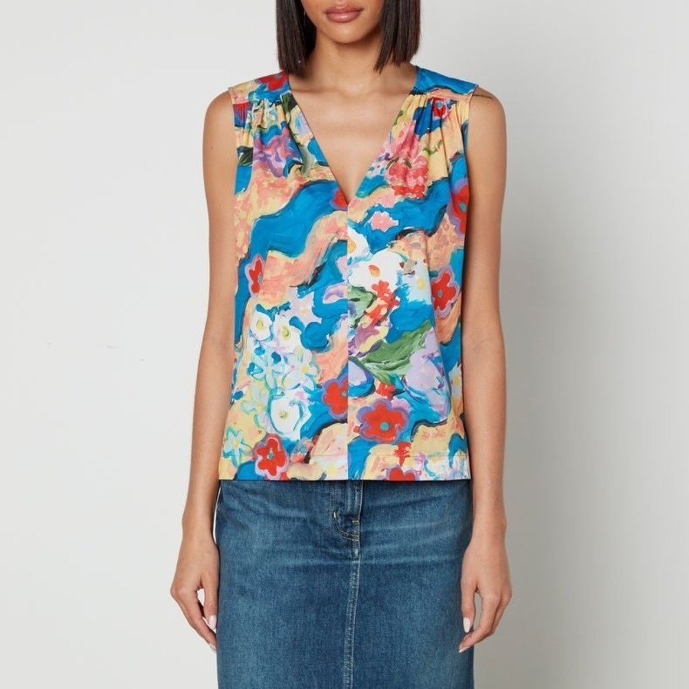 Marni x Flaminia Veronesi Julie Multicolor Floral Cotton V-Neck Blouse Top